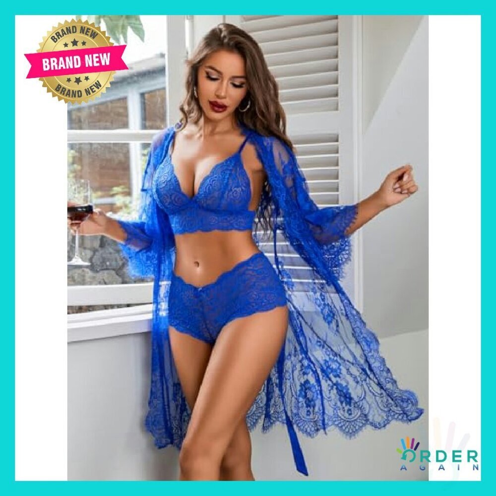 Lace Lingerie Set Elegant Mesh Robe Kimono Sleepwear Sexy 3 Piece - Picture 4 of 8